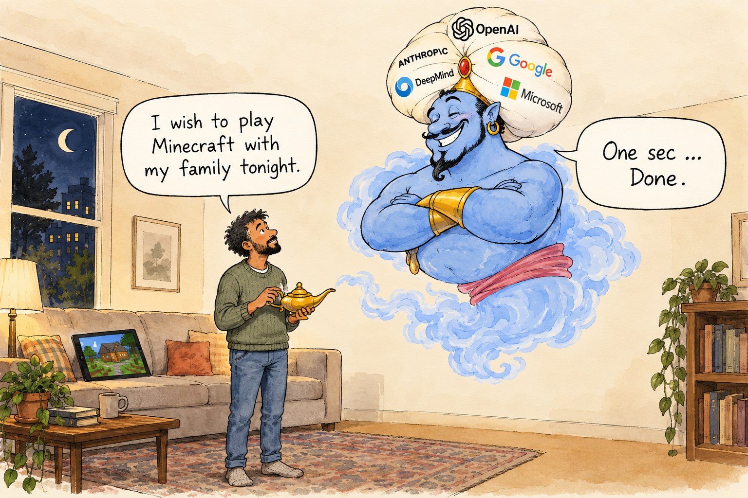 A man rubs a golden lamp and says, "I wish to play Minecraft with my family tonight." A blue genie wearing a turban marked with the logos of OpenAI, Anthropic, Google DeepMind, Google and Microsoft rises from the smoke and answers, "One sec... Done."